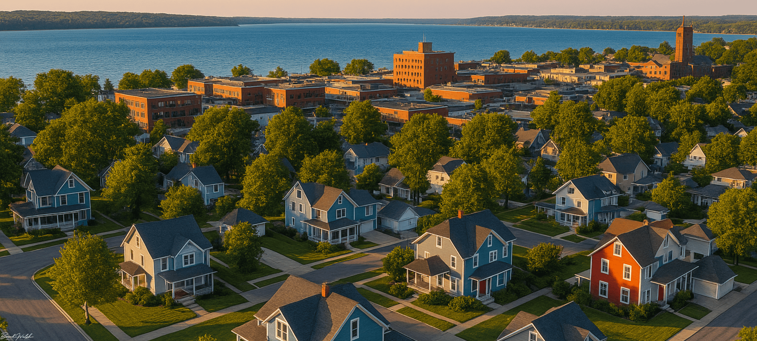 Aerial view of downtown Traverse City homes near Grand Traverse Bay